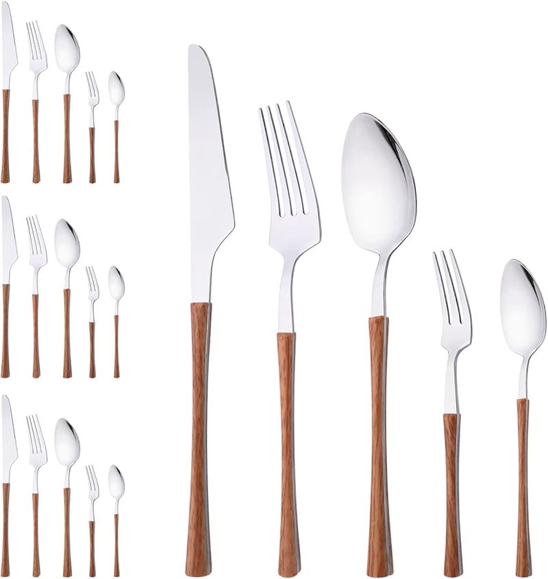 Brown Silver 20 Piece Stainless Steel Cutlery Set Wood Grain Handle For 4 - Image 1